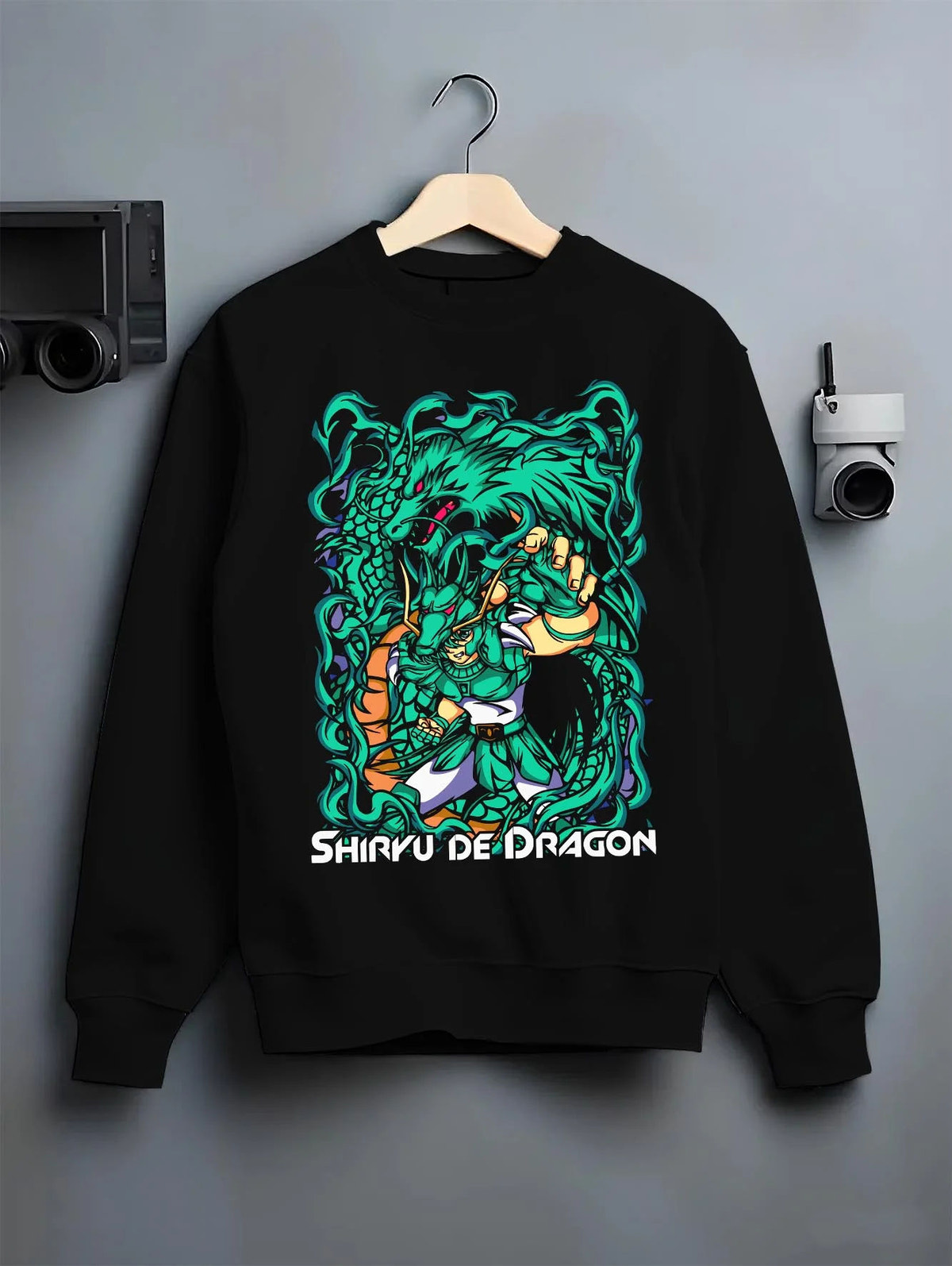 Black crewneck sweatshirt on hanger featuring Dragon Shiryu Bronze Saint Saint Seiya artwork.