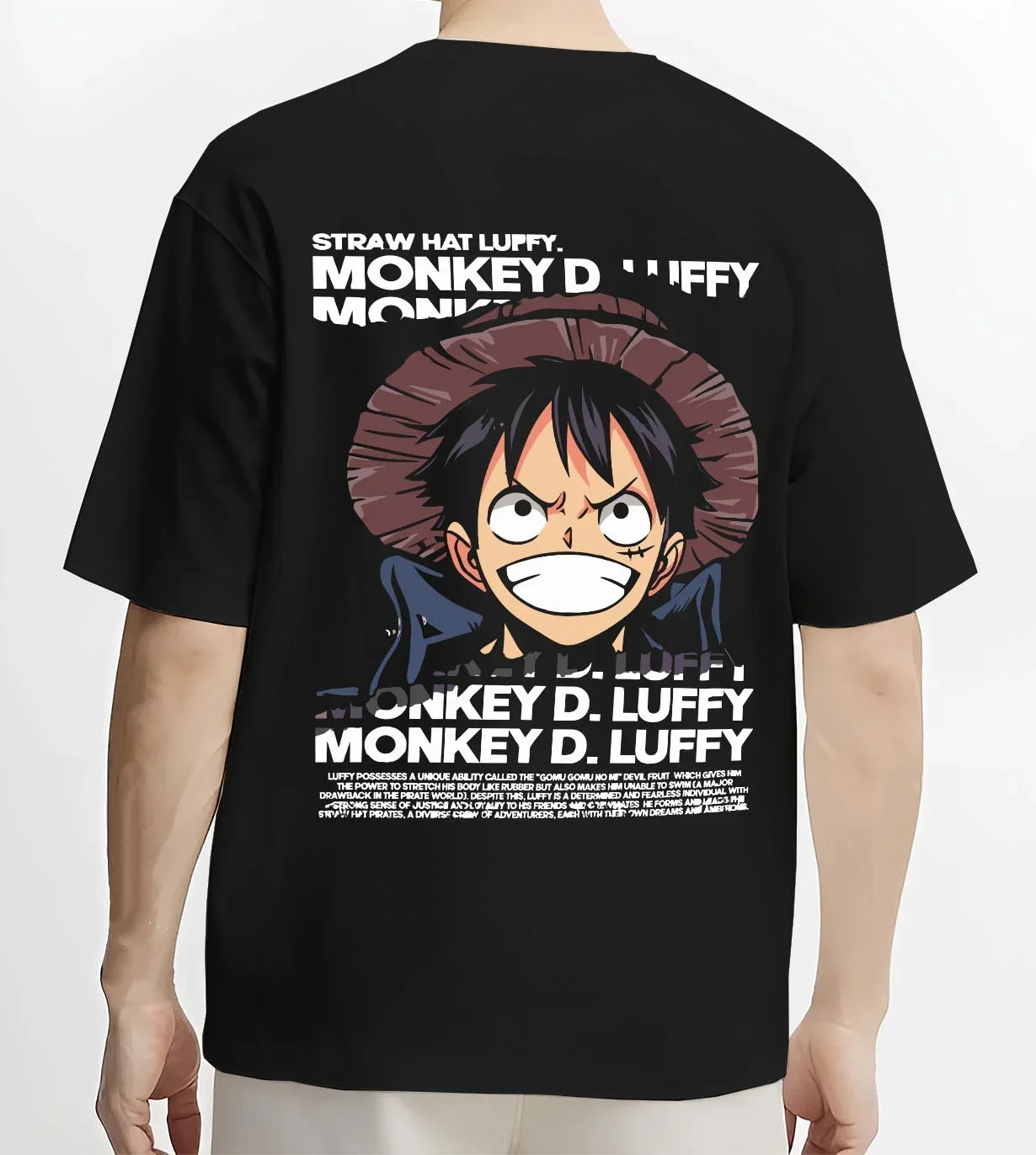 Black T-shirt worn by male model, back view with Monkey D Luffy Hoodie One Piece Pirate King graphic premium wear.
