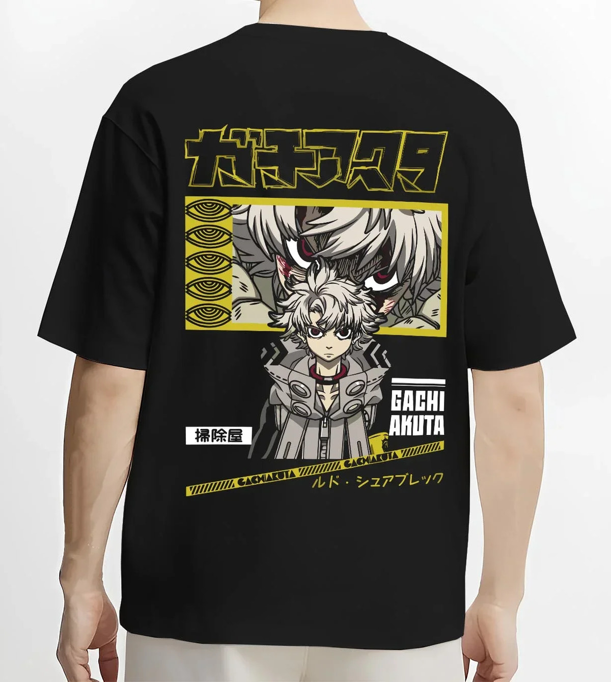 Black T-shirt worn by male model, back view with Rudo Hoodie Gachiakuta Character Action Scene graphic Rudo themed artwork.