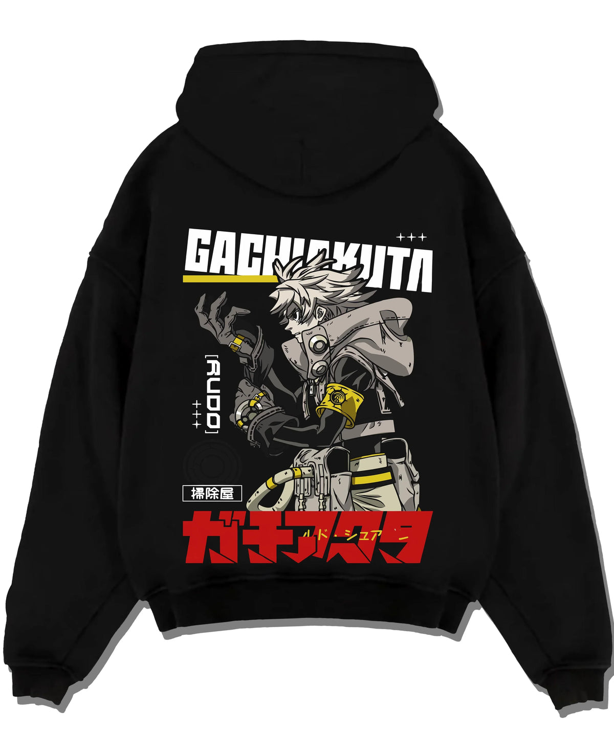 Black pullover hoodie laid flat with Rudo Hoodie Gachiakuta Combat Jacket Edition graphic Rudo themed artwork.