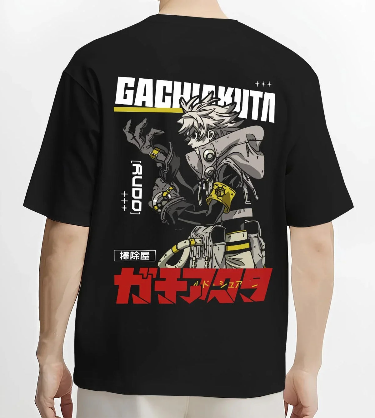 Black T-shirt worn by male model, back view with Rudo Hoodie Gachiakuta Combat Jacket Edition graphic Rudo anime design.
