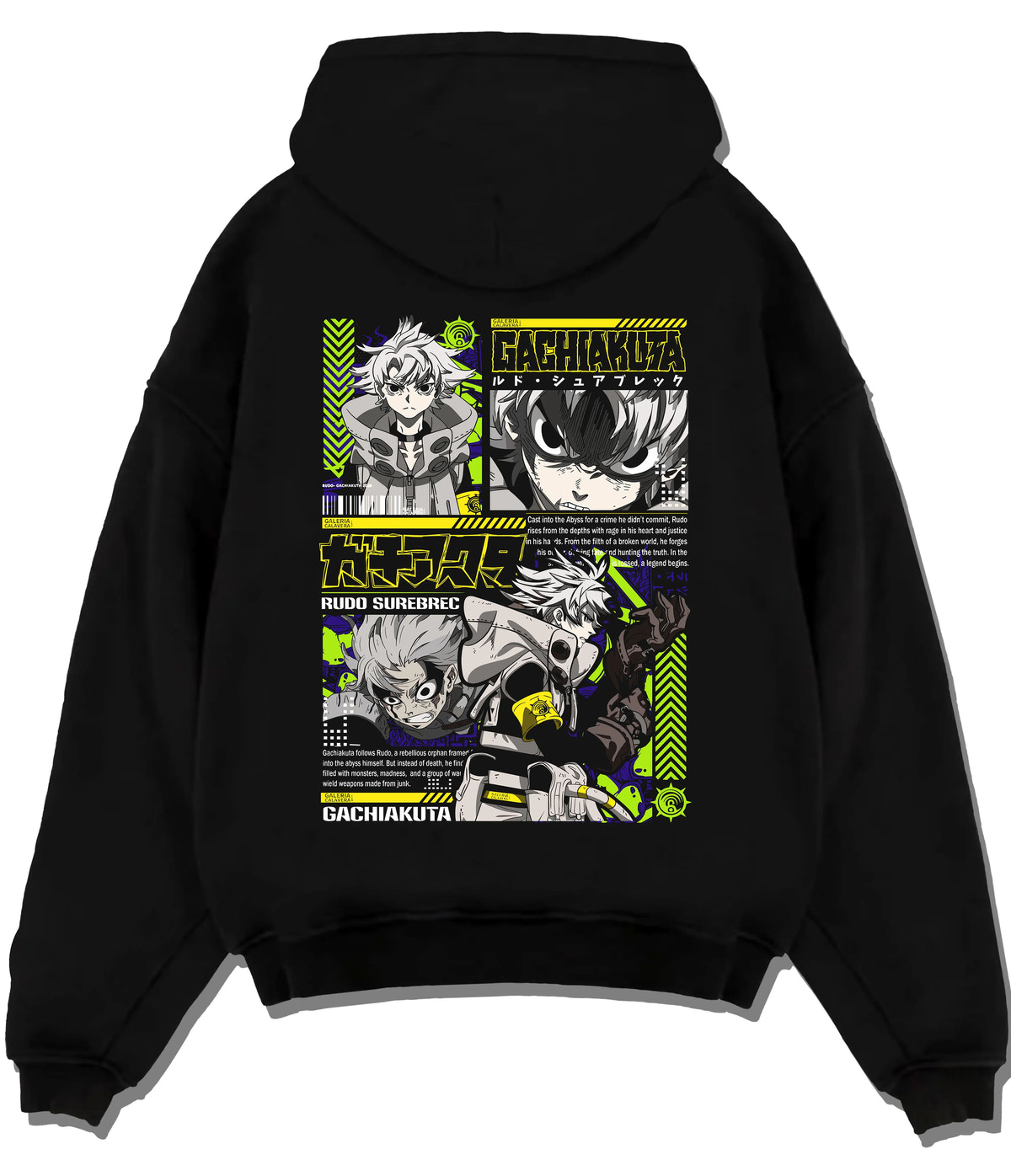 Black hoodie flat back view showing Gachiakuta: Rudo and characters