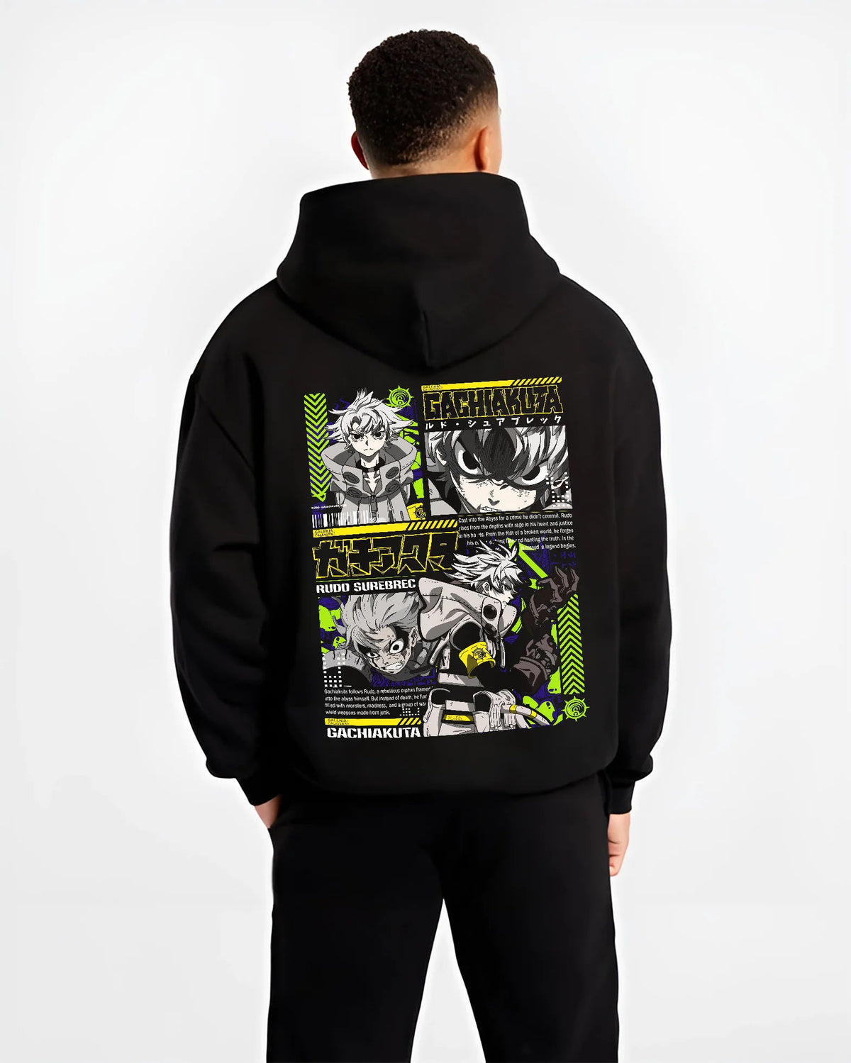 Black hoodie model back view showing Gachiakuta: Rudo and characters