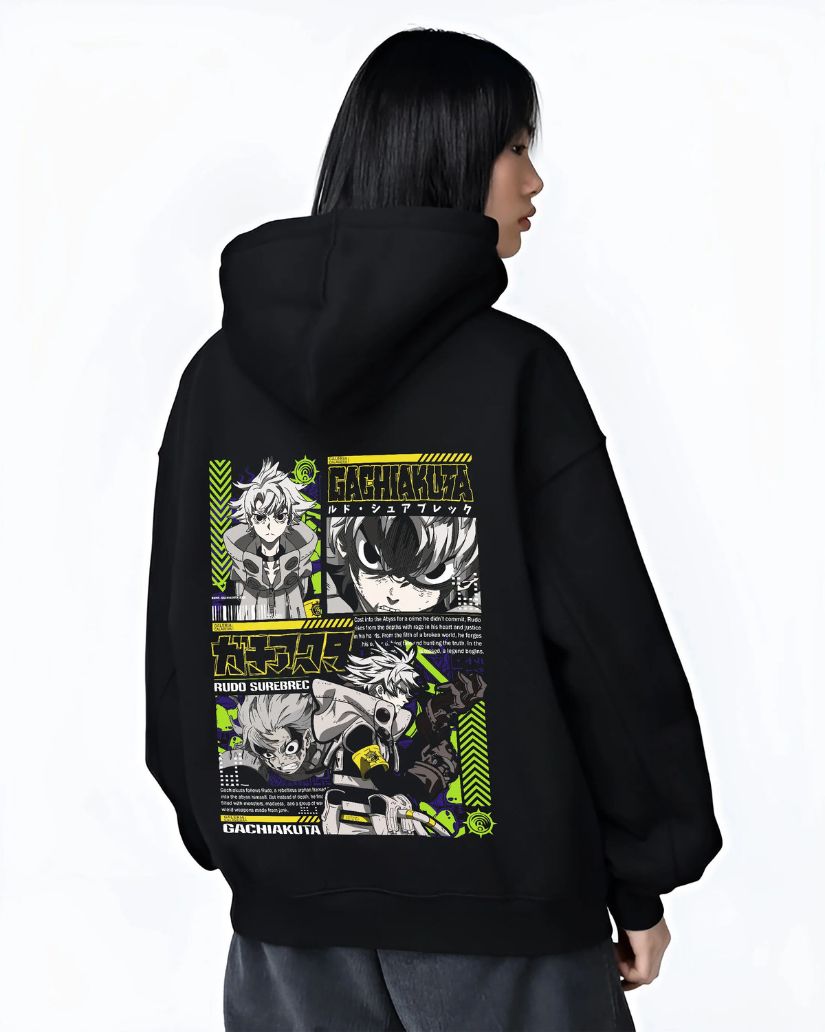 Black hoodie female model back view showing Gachiakuta: Rudo and characters