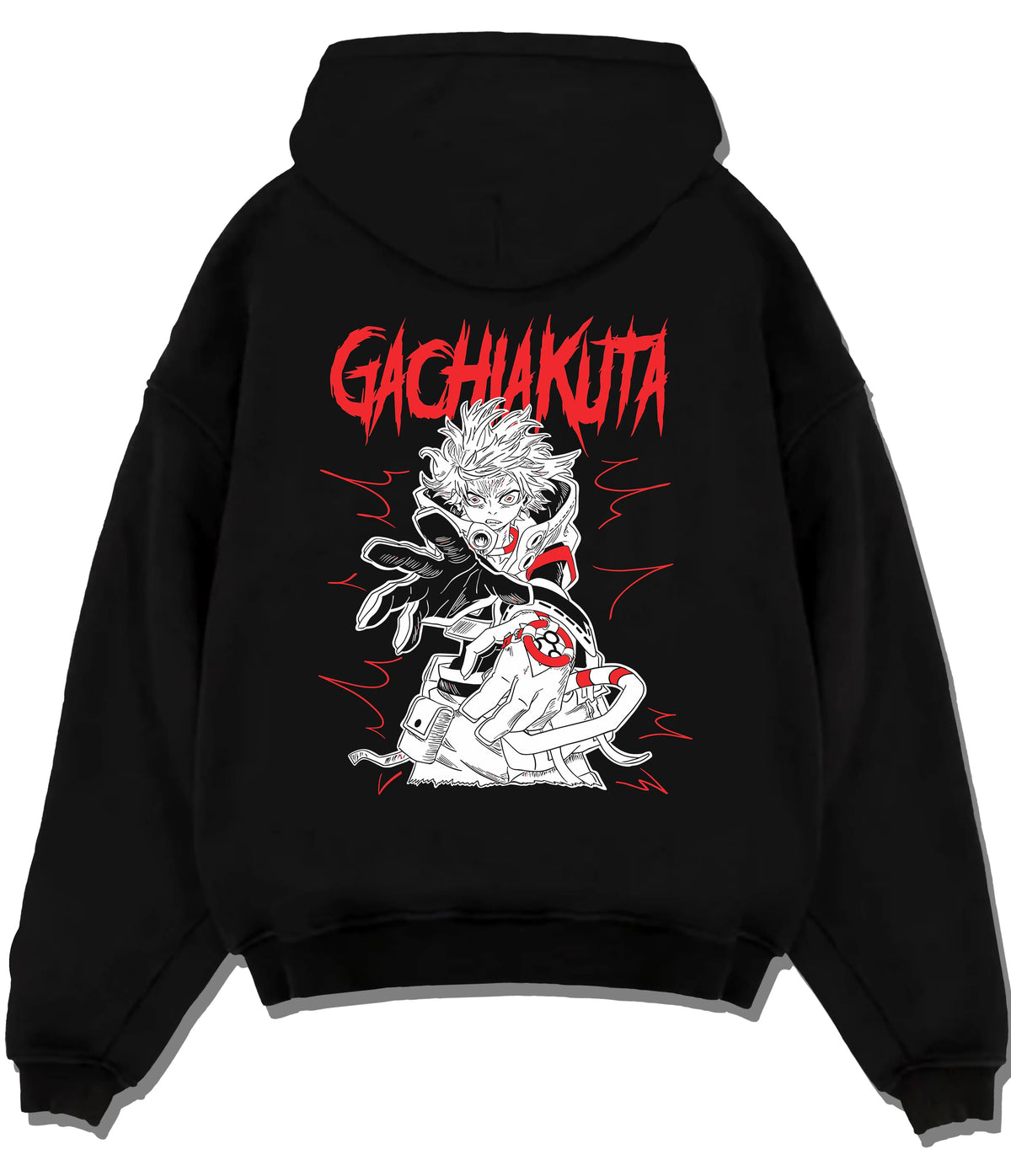 Black hoodie flat back view showing Rudo Surebrec from Gachiakuta: red-and-black design