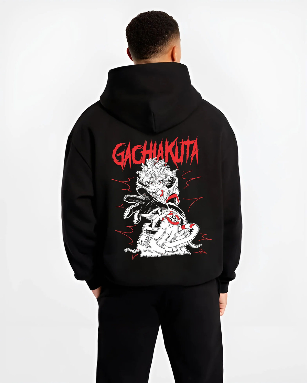 Black hoodie model back view showing Rudo Surebrec from Gachiakuta: red-and-black design