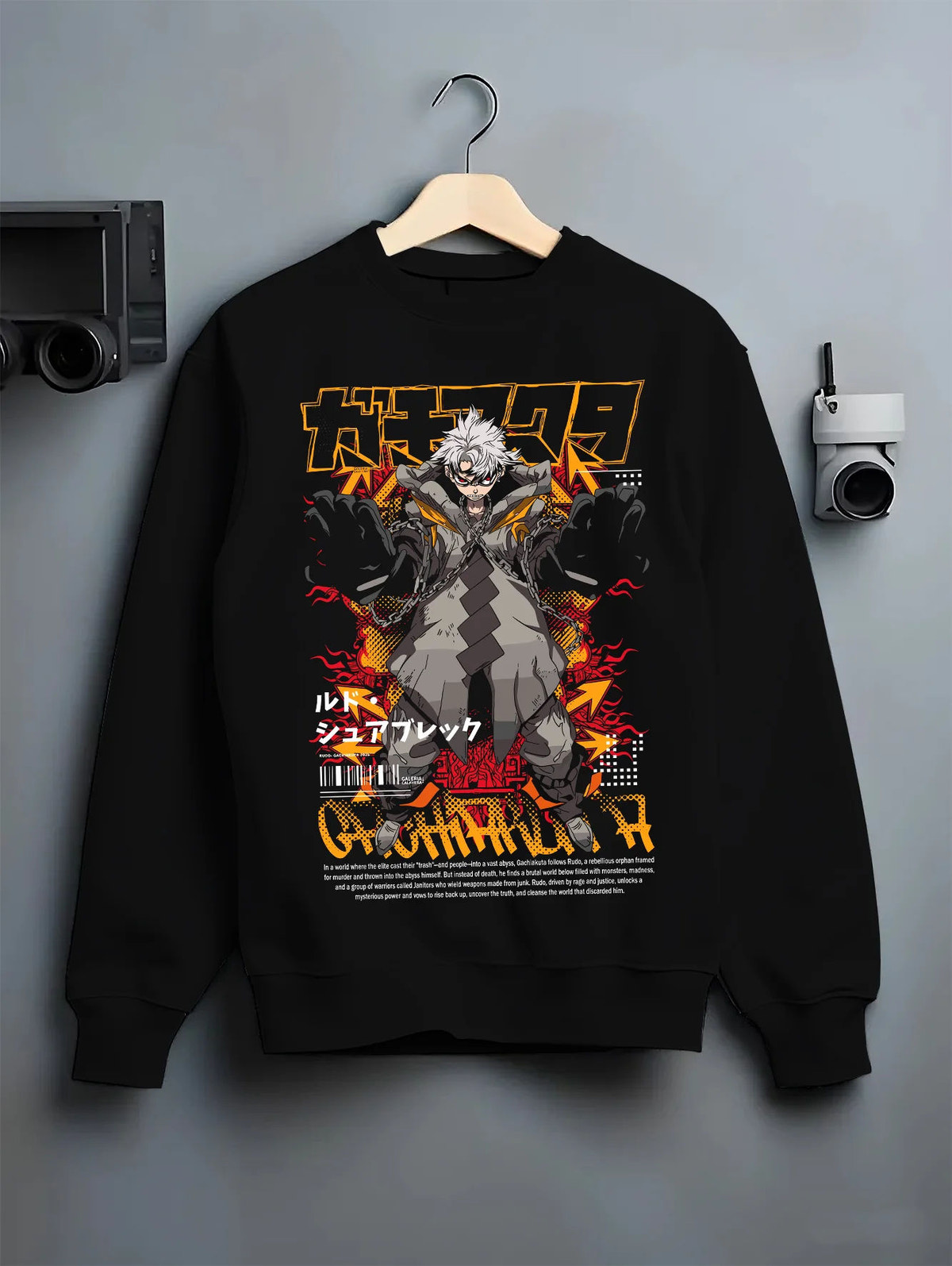 Black crewneck sweatshirt on hanger showing Rudo Surebrec from Gachiakuta: comic action poster