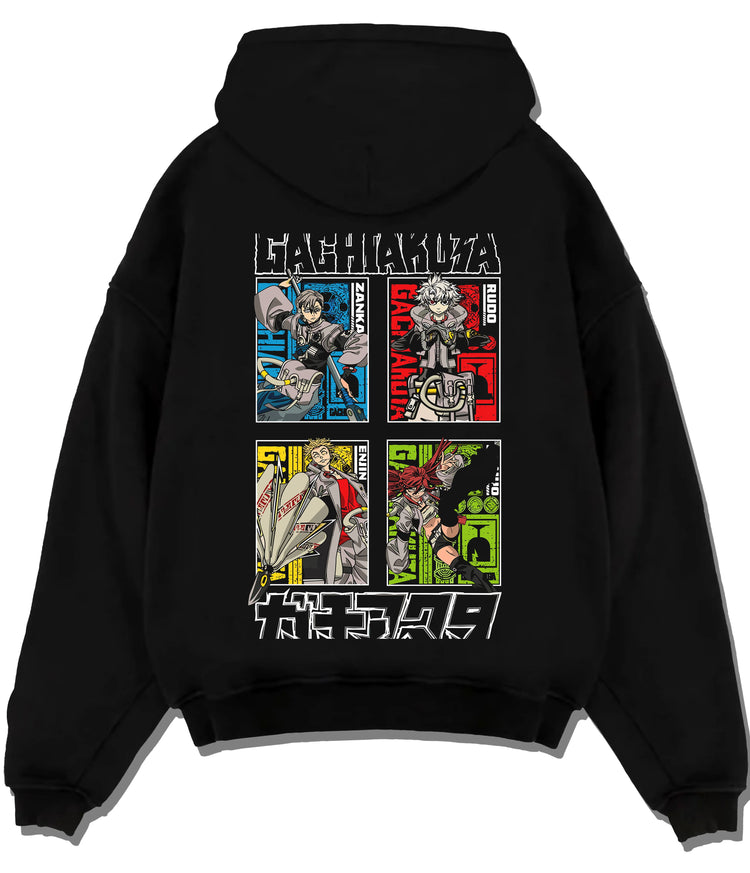 Black hoodie flat back view with Rudo, Zanka, Enjin and Gachiakuta cast illustrated back graphic