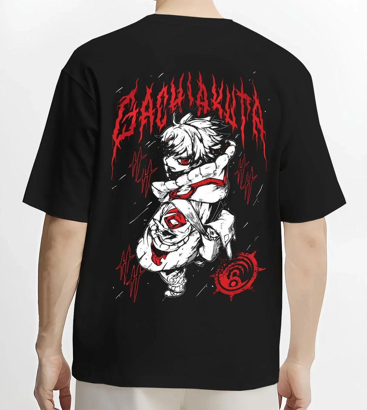Black T-shirt worn by male model, back view with Rudo Hoodie Gachiakuta Blood Red Special graphic Rudo anime design.