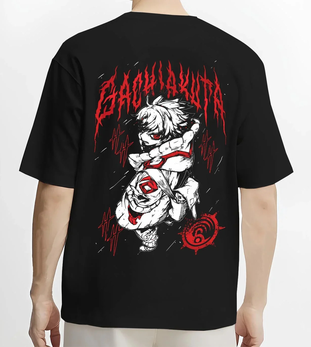 Black T-shirt worn by male model, back view with Rudo Hoodie Gachiakuta Blood Red Special graphic Rudo anime design.