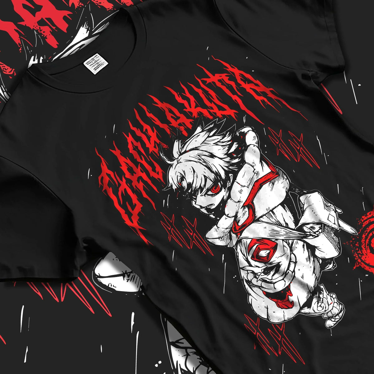 Black T-shirt laid flat with natural folds with Rudo Hoodie Gachiakuta Blood Red Special graphic Rudo anime design.