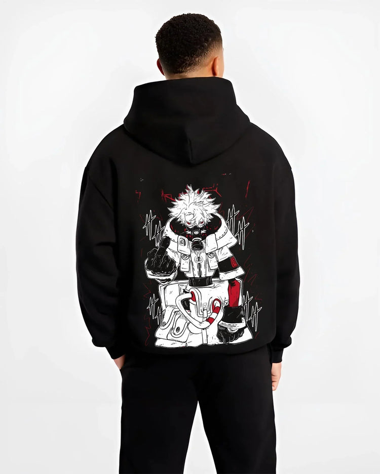 Black hoodie worn by male model, back view with Rudo Hoodie Gachiakuta Toxic Red Gas Mask graphic bold anime graphic.