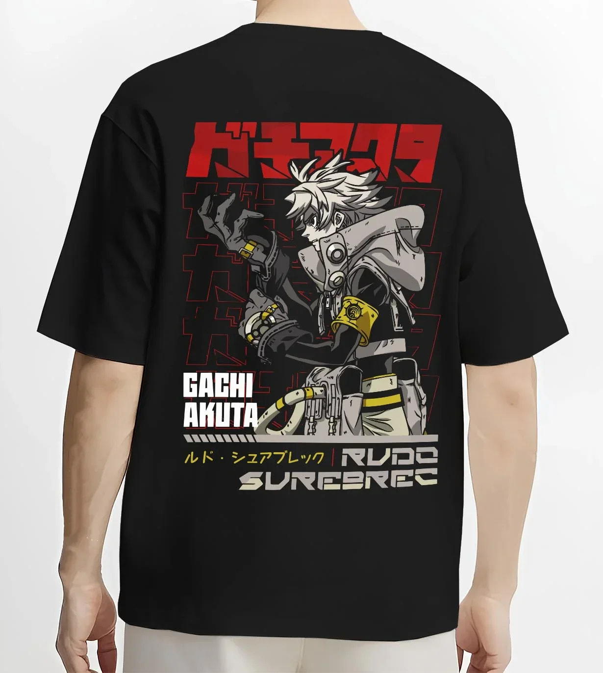Black T-shirt worn by male model, back view with Rudo Hoodie Gachiakuta Weaponized Armor Suit graphic Rudo anime design.