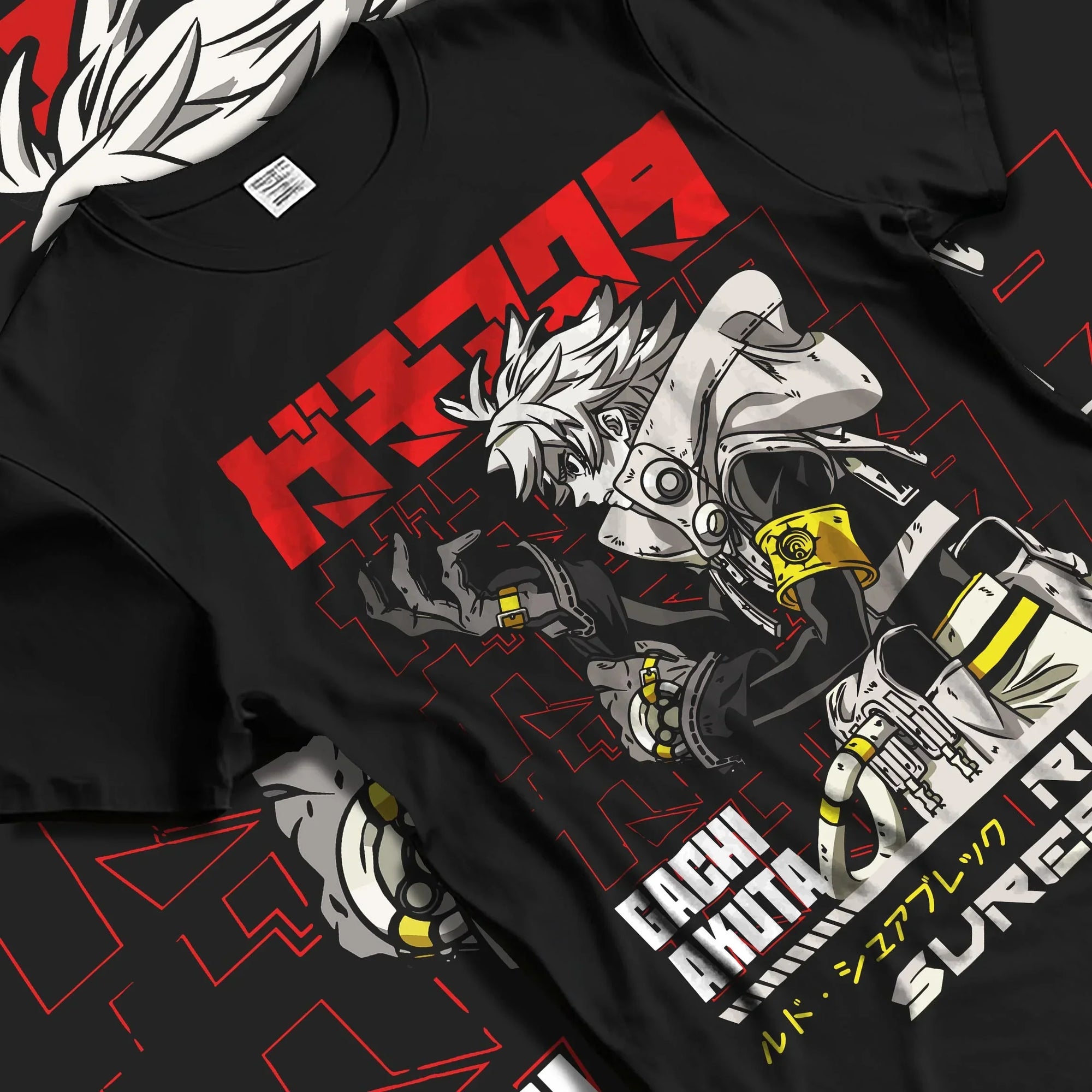 Black T-shirt laid flat with natural folds with Rudo Hoodie Gachiakuta Weaponized Armor Suit graphic streetwear graphic.