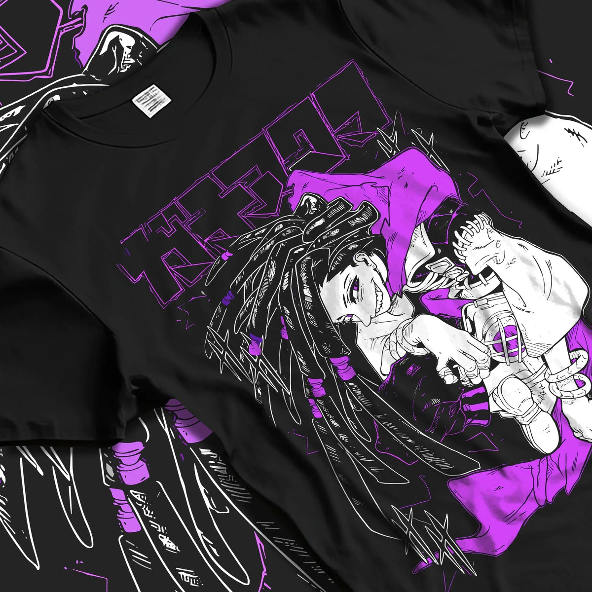 Black T-shirt laid flat with natural folds with Rudo Hoodie Gachiakuta Purple Dreadlock Form graphic premium wear.