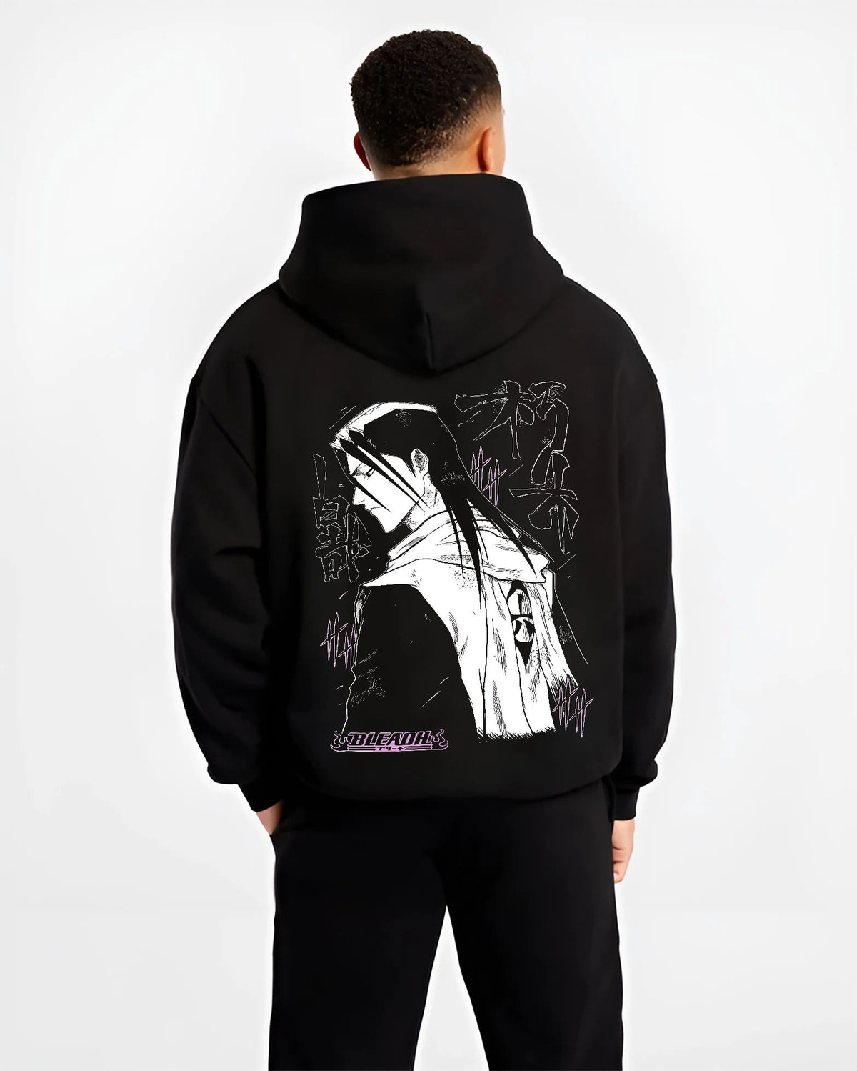 Black hoodie model back view showing Rukia Kuchiki from Bleach: monochrome sword pose
