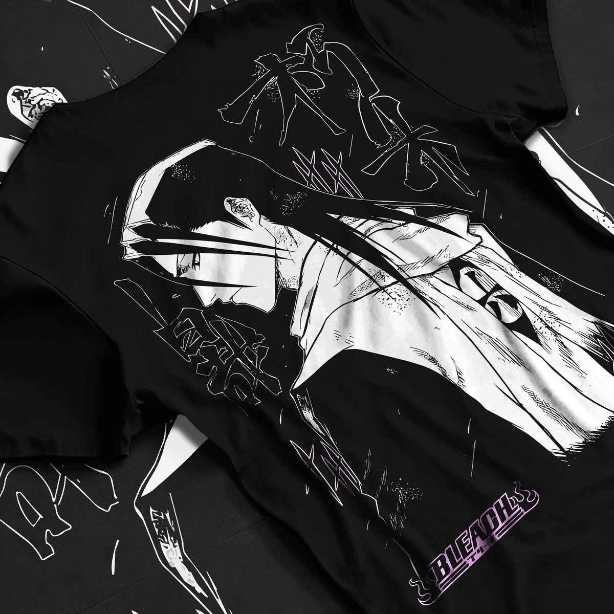 Black T-shirt flat back view showing Rukia Kuchiki from Bleach: monochrome sword pose