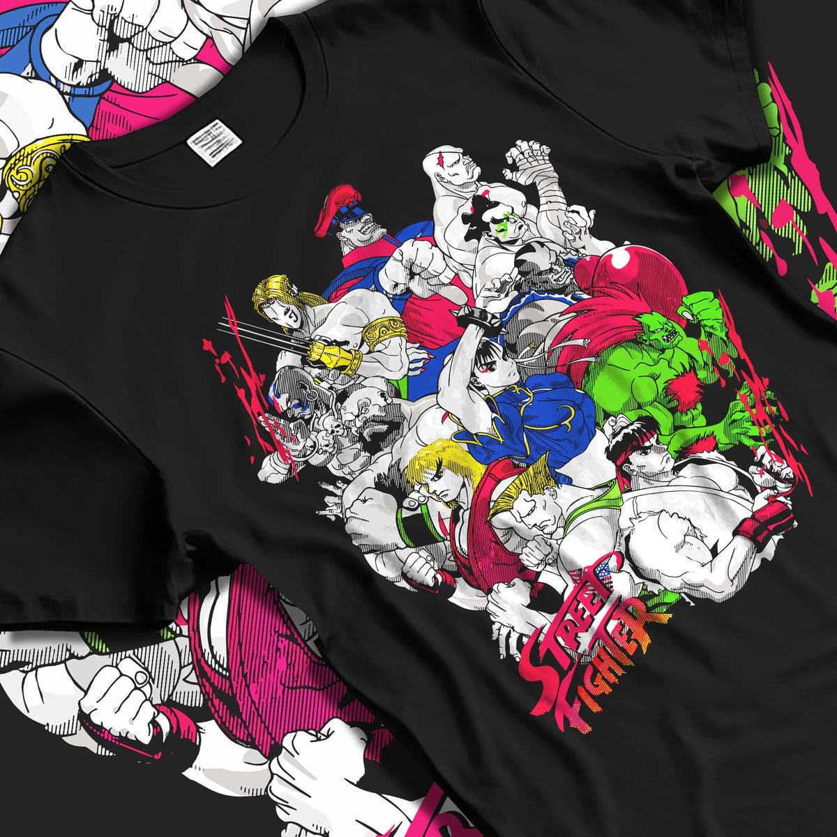 Black T-shirt laid flat with natural folds featuring Ryu Hadouken World Warrior Street Fighter artwork.
