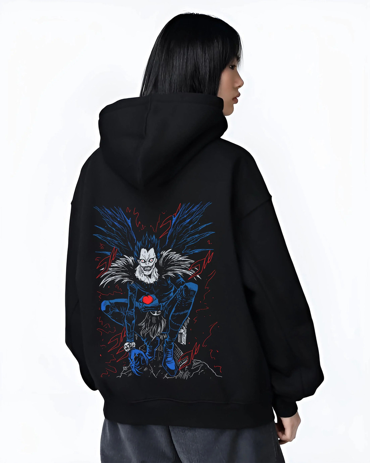 Black hoodie worn by female model from the back featuring Ryuk Shinigami apple Death Note artwork.