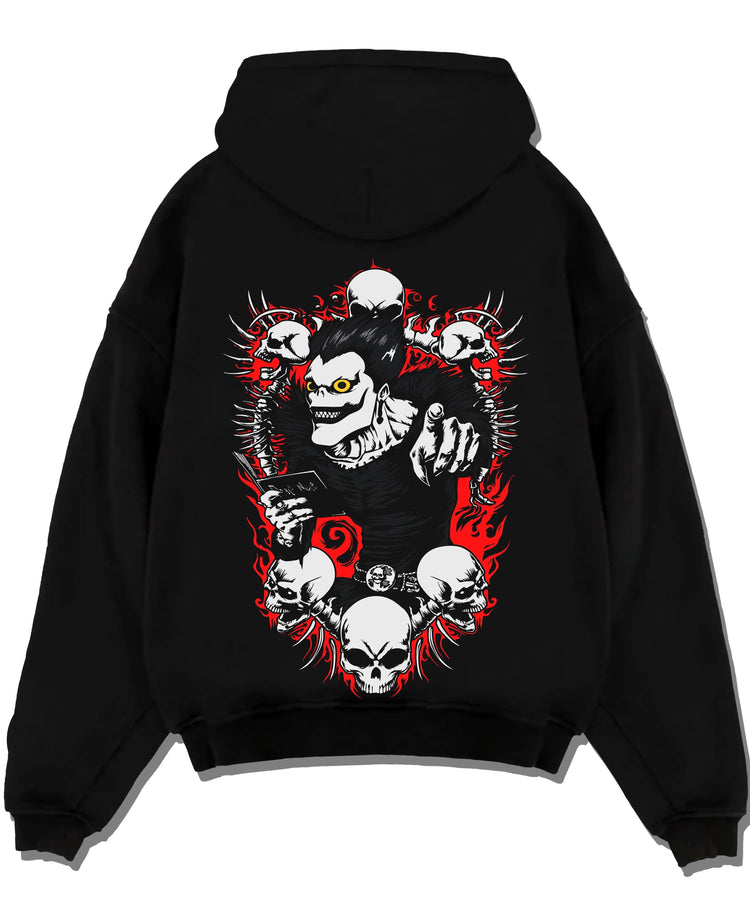 Black pullover hoodie laid flat with Ryuk Hoodie Death Note Shinigami Apple Reaper Anime graphic Ryuk themed artwork.