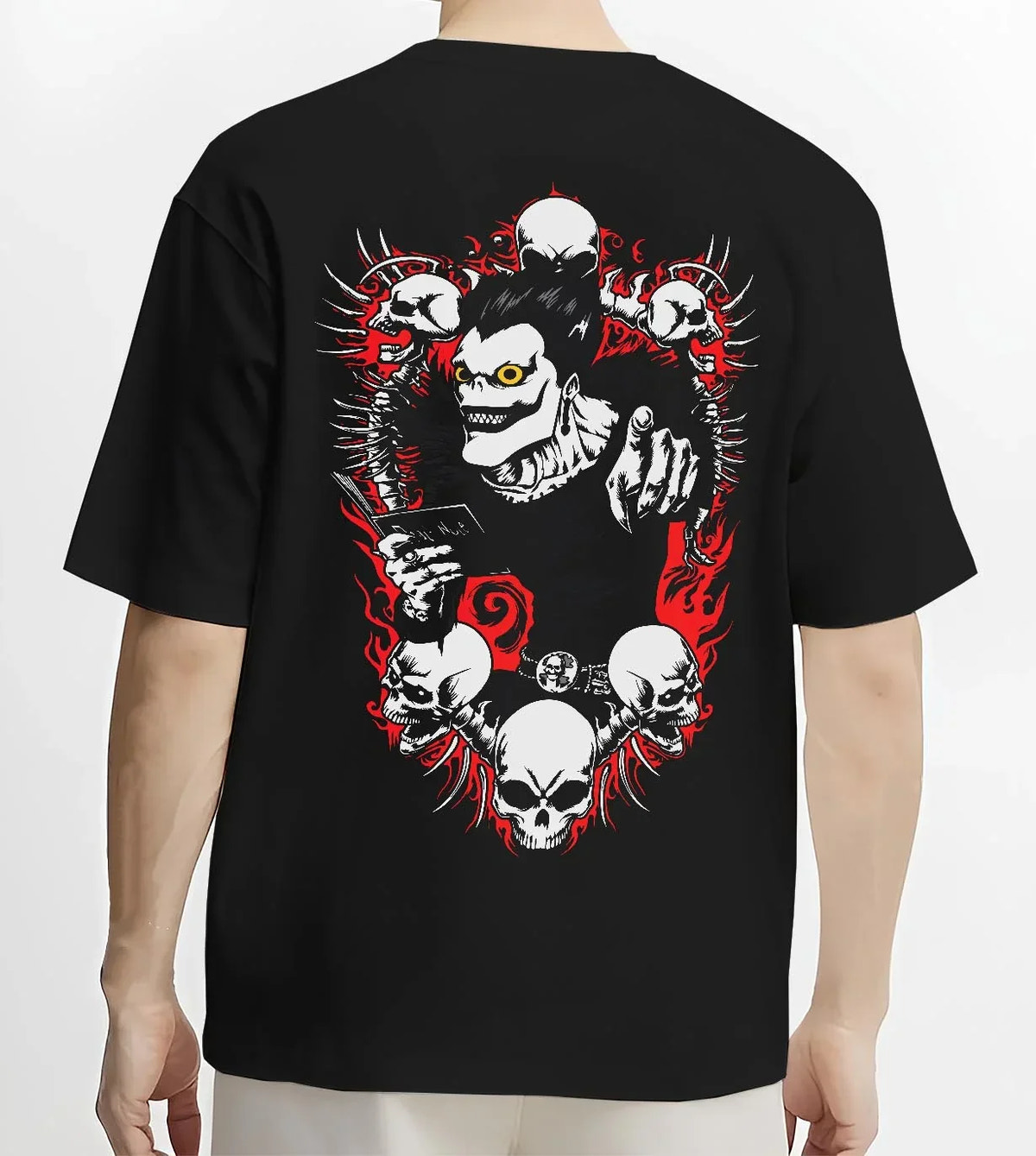 Black T-shirt worn by male model, back view with Ryuk Hoodie Death Note Shinigami Apple Reaper Anime graphic streetwear graphic.
