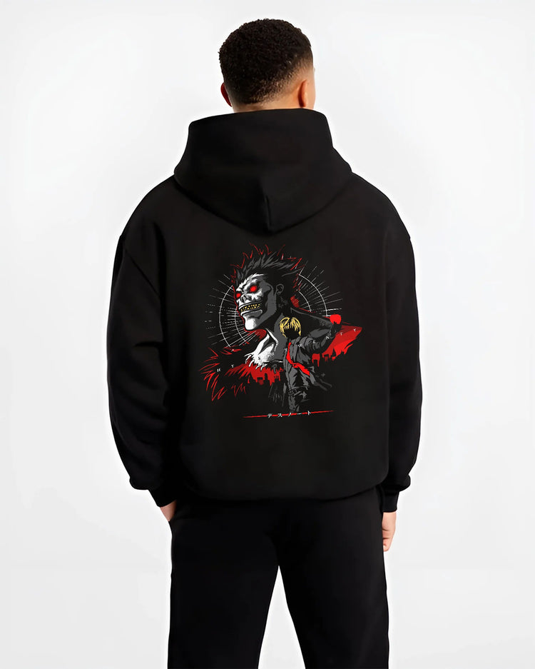 Black hoodie model back view showing Ryuk from Death Note: Shinigami red-black lighting design