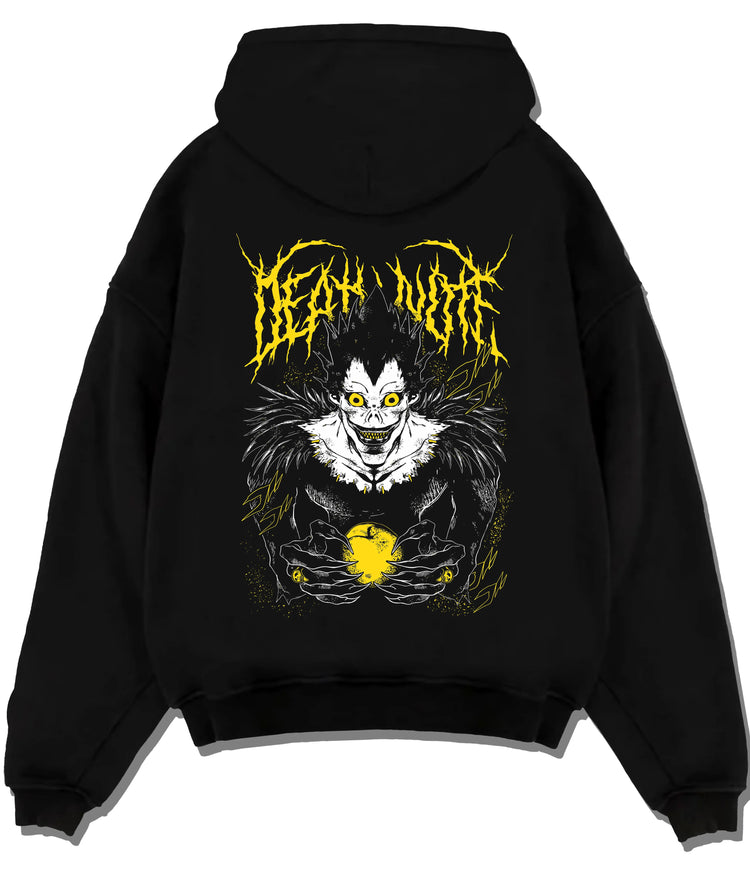 Black hoodie flat back view showing Ryuk from Death Note: Shinigami with apple
