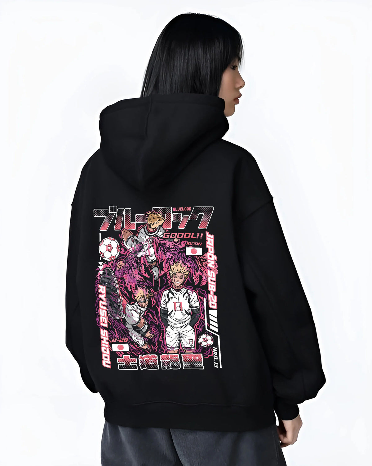 Black hoodie female model back view showing Ryusei Shidou from Blue Lock: Blue Lock football manga