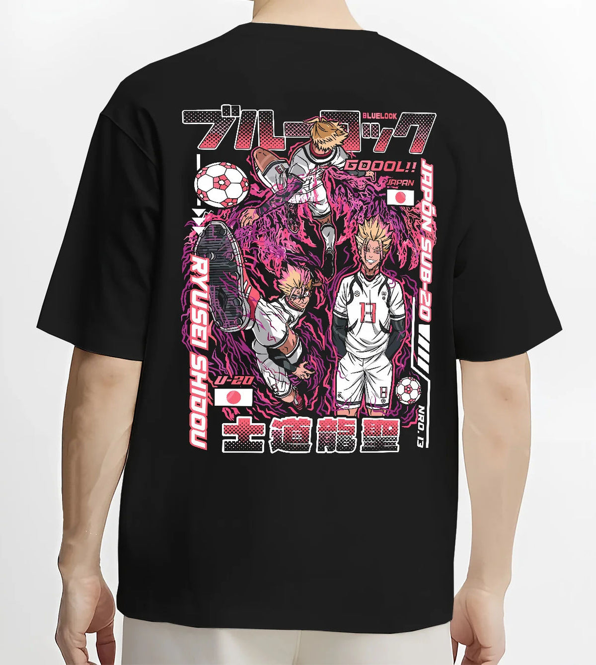 Black T-shirt model back view showing Ryusei Shidou from Blue Lock: Blue Lock football manga