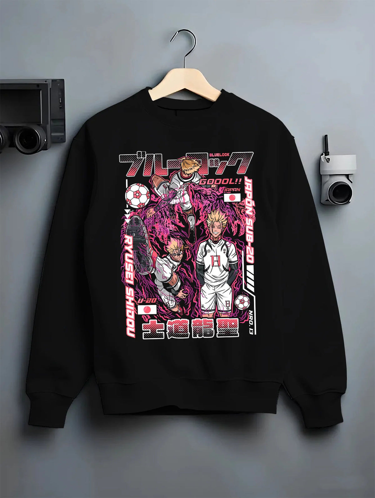 Black crewneck sweatshirt on hanger showing Ryusei Shidou from Blue Lock: Blue Lock football manga