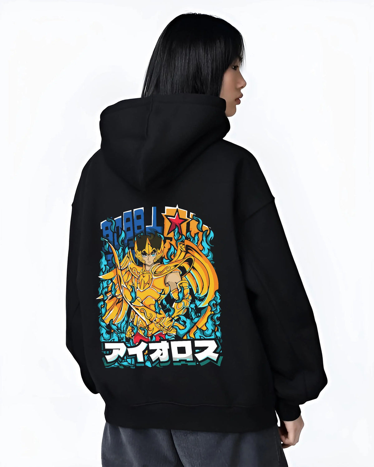 Black hoodie worn by female model from the back featuring Sagittarius Aiolos Gold Cloth Saint Seiya artwork.