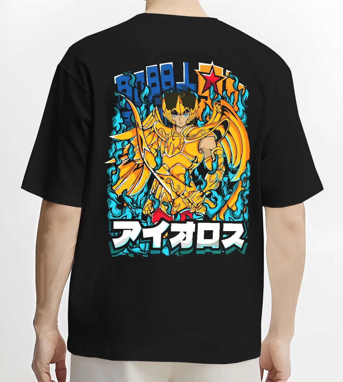 Black T-shirt worn by male model from the back featuring Sagittarius Aiolos Gold Cloth Saint Seiya artwork.