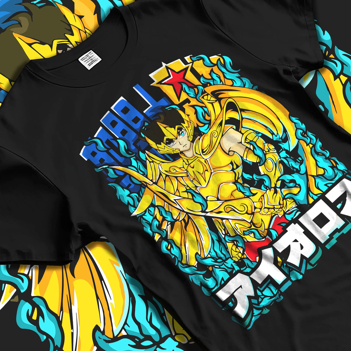 Black T-shirt laid flat with natural folds featuring Sagittarius Aiolos Gold Cloth Saint Seiya artwork.