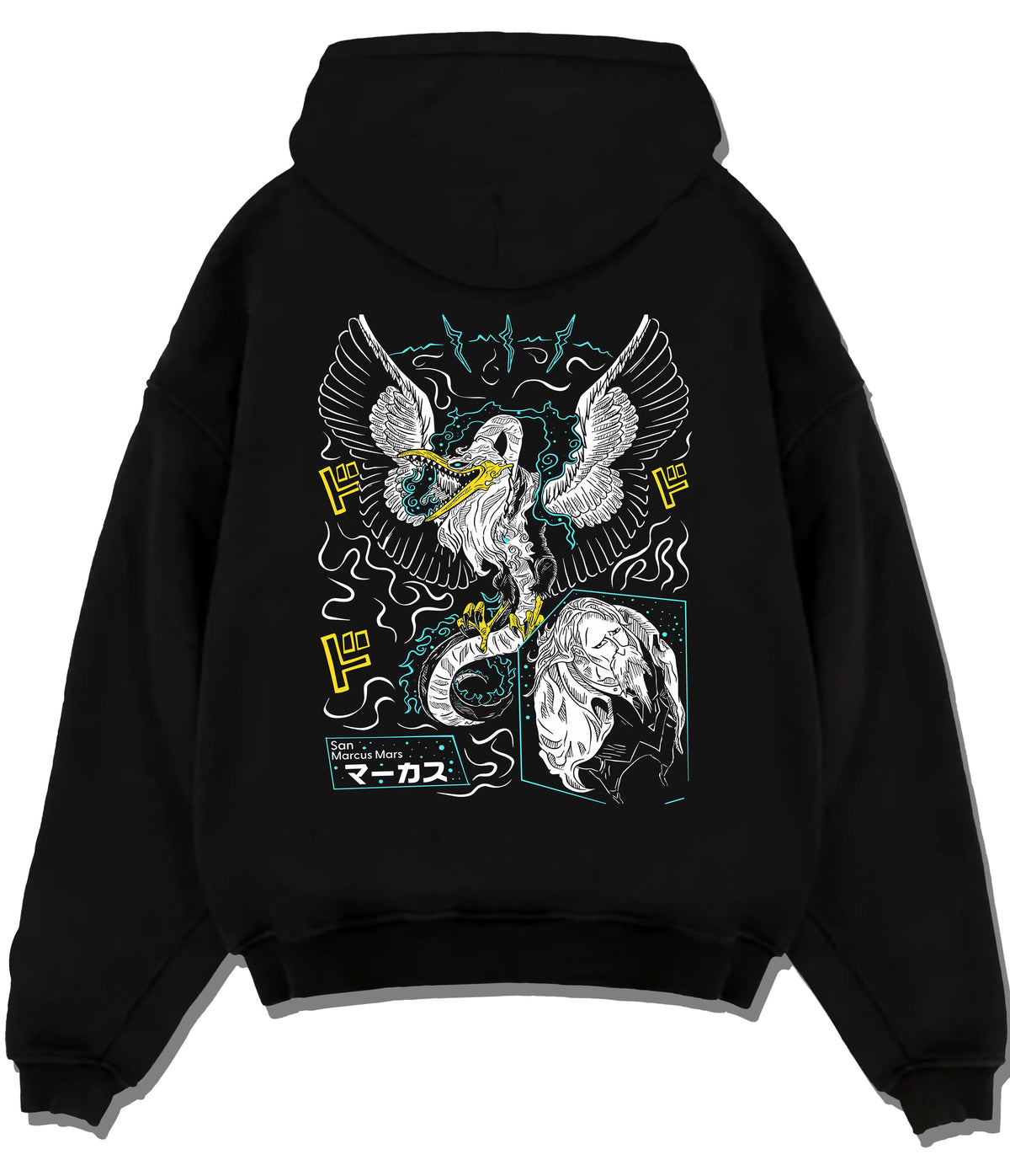 Black hoodie flat back view with Five Elders / Gorosei from One Piece illustrated back graphic