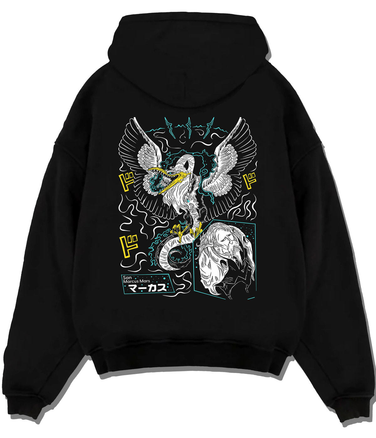 Black hoodie flat back view with Five Elders / Gorosei from One Piece illustrated back graphic