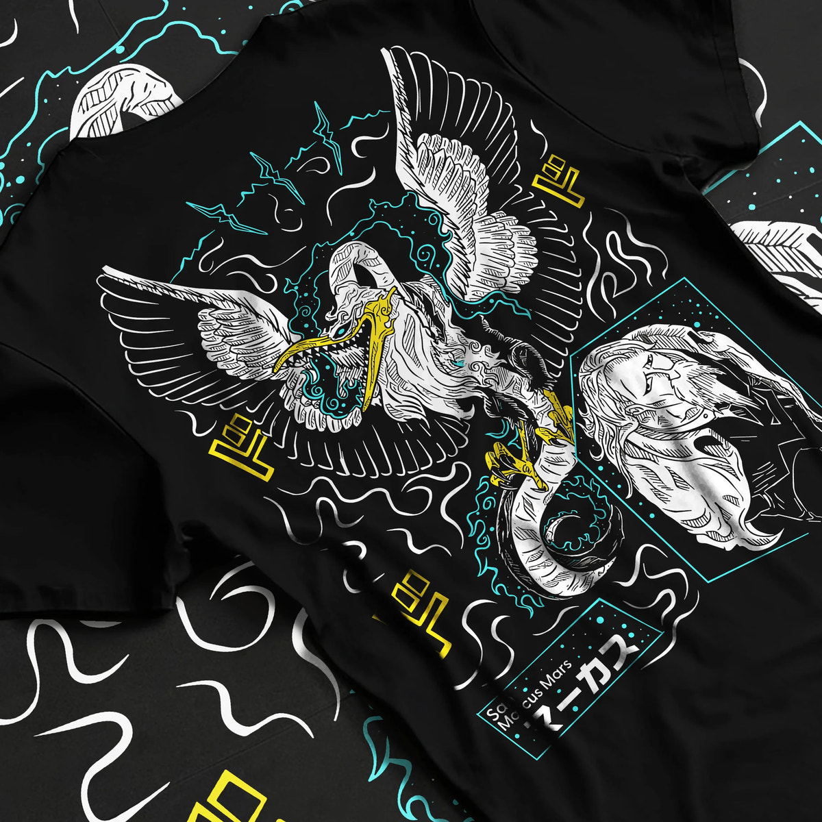 Black T-shirt flat back view with Five Elders / Gorosei from One Piece illustrated back graphic