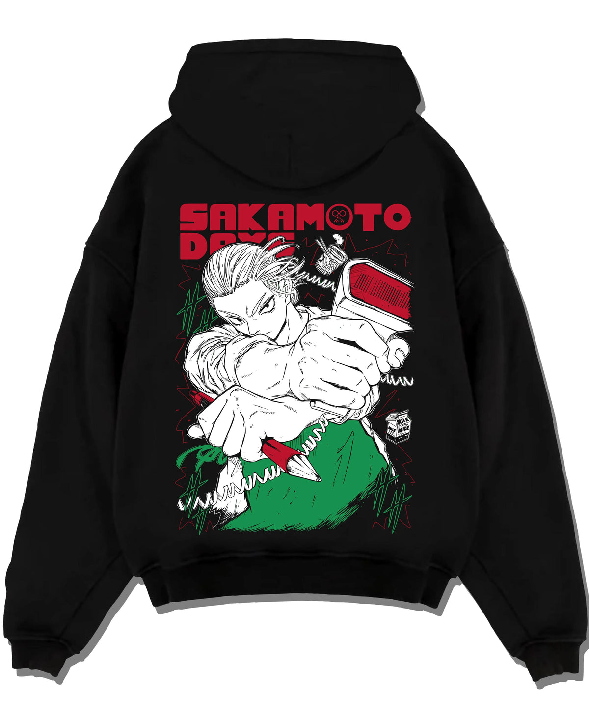 Black hoodie laid flat featuring Sakamoto Days cool assassin fight scene artwork.