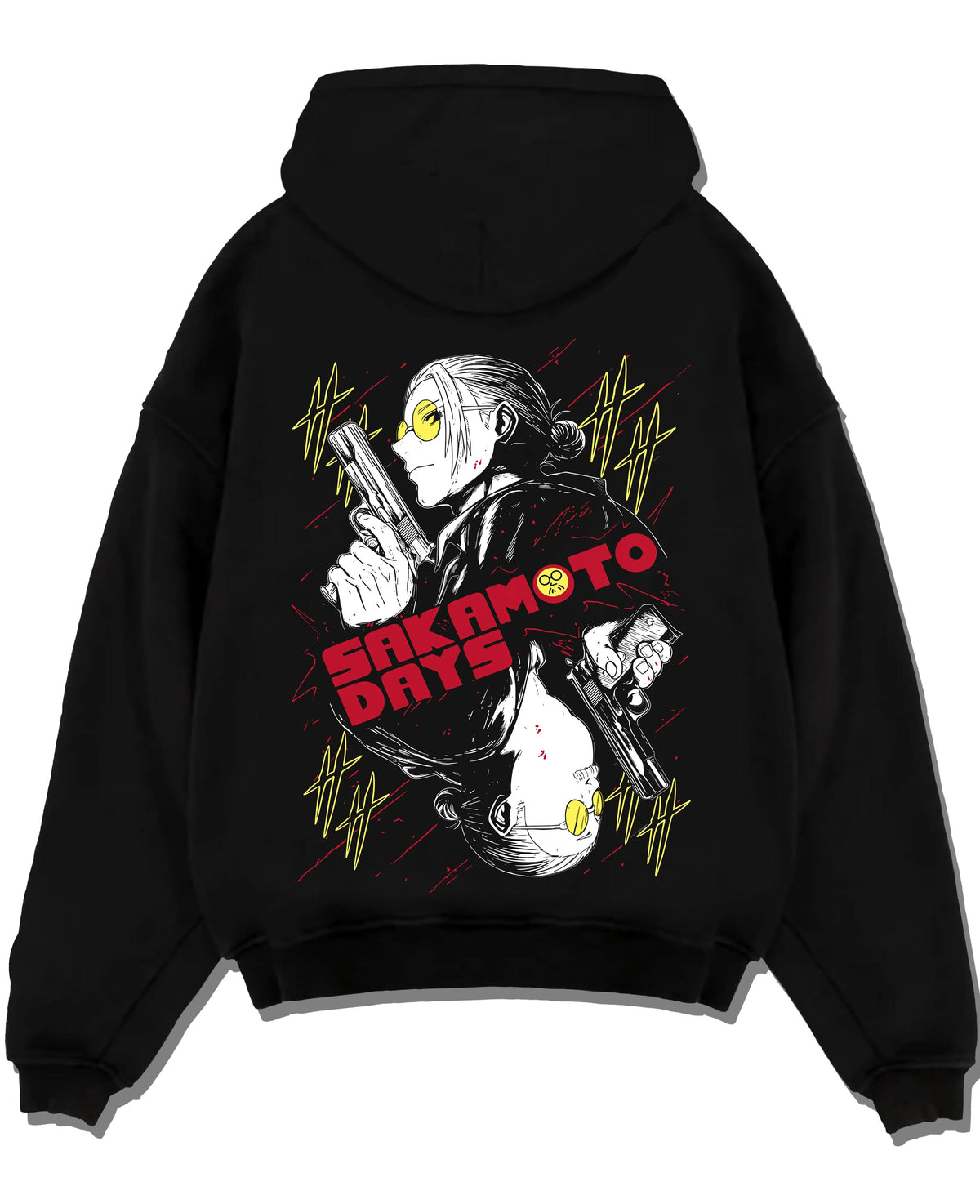 Black hoodie laid flat featuring Sakamoto Days elite assassin gunfight artwork.