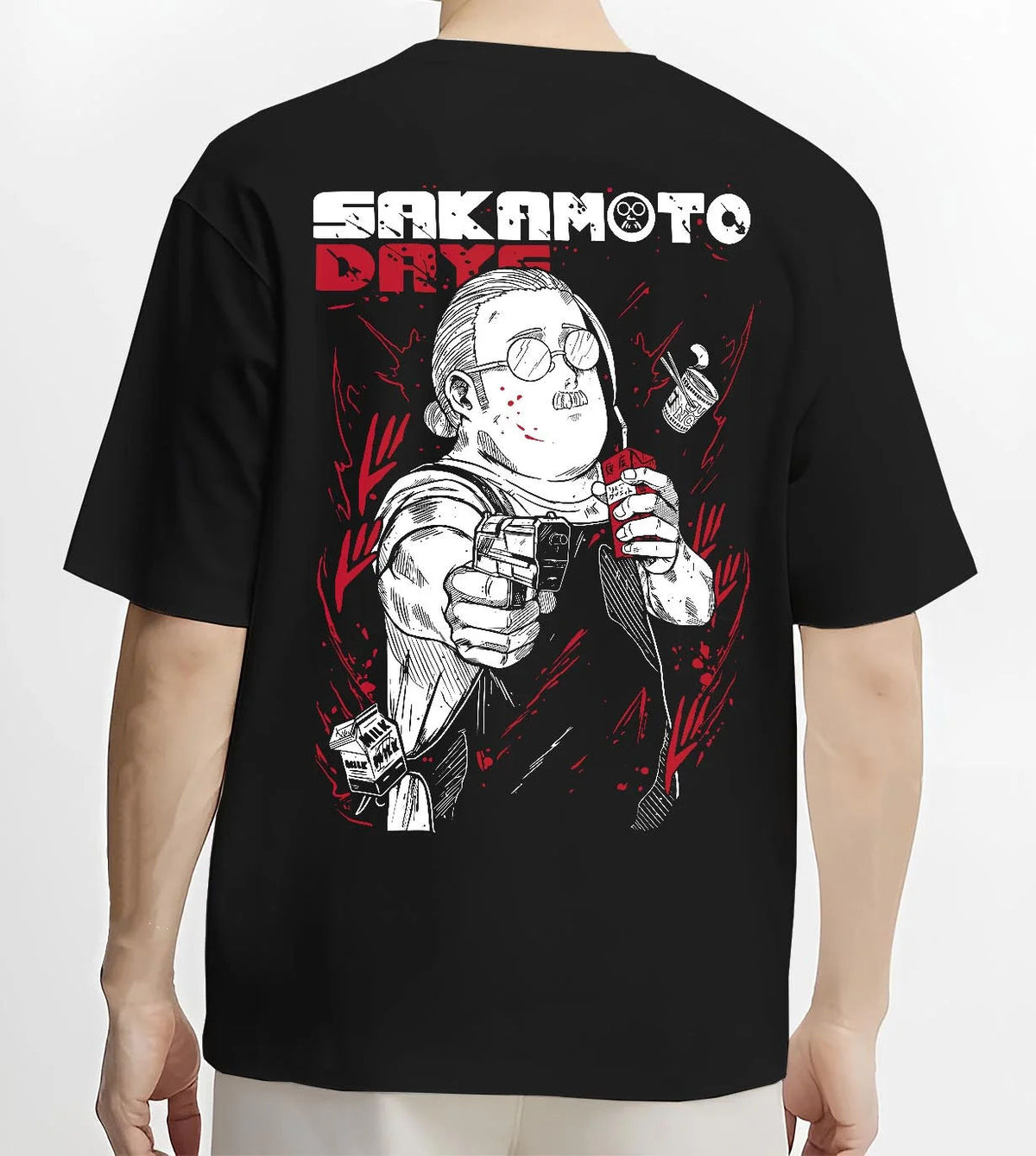 Black T-shirt worn by male model from the back featuring Taro Sakamoto assassin street style Sakamoto Days artwork.