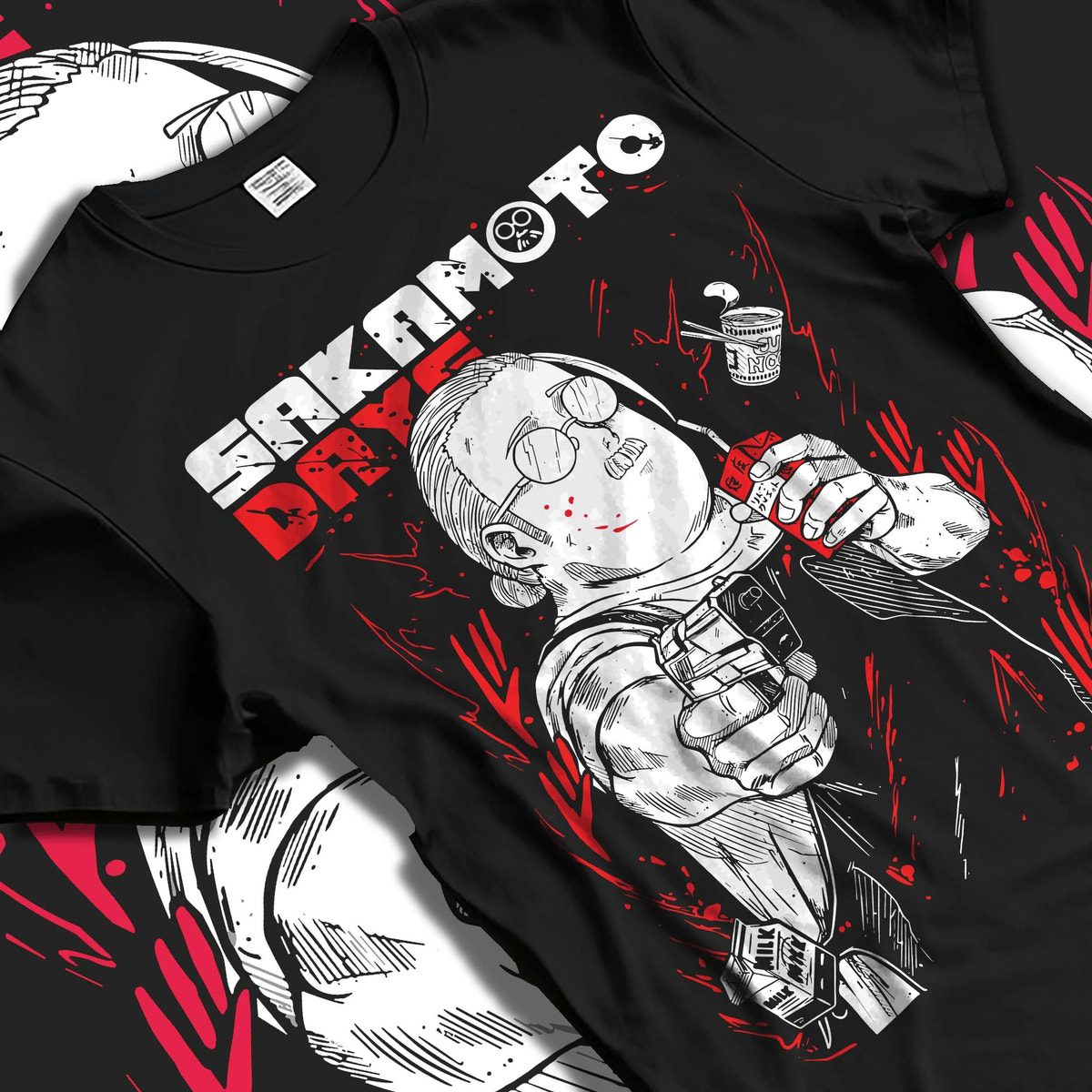 Black T-shirt laid flat with natural folds featuring Taro Sakamoto assassin street style Sakamoto Days artwork.