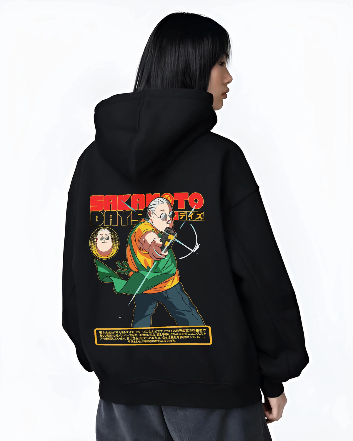 Black hoodie worn by female model from the back featuring Taro Sakamoto assassin battle Sakamoto Days artwork.