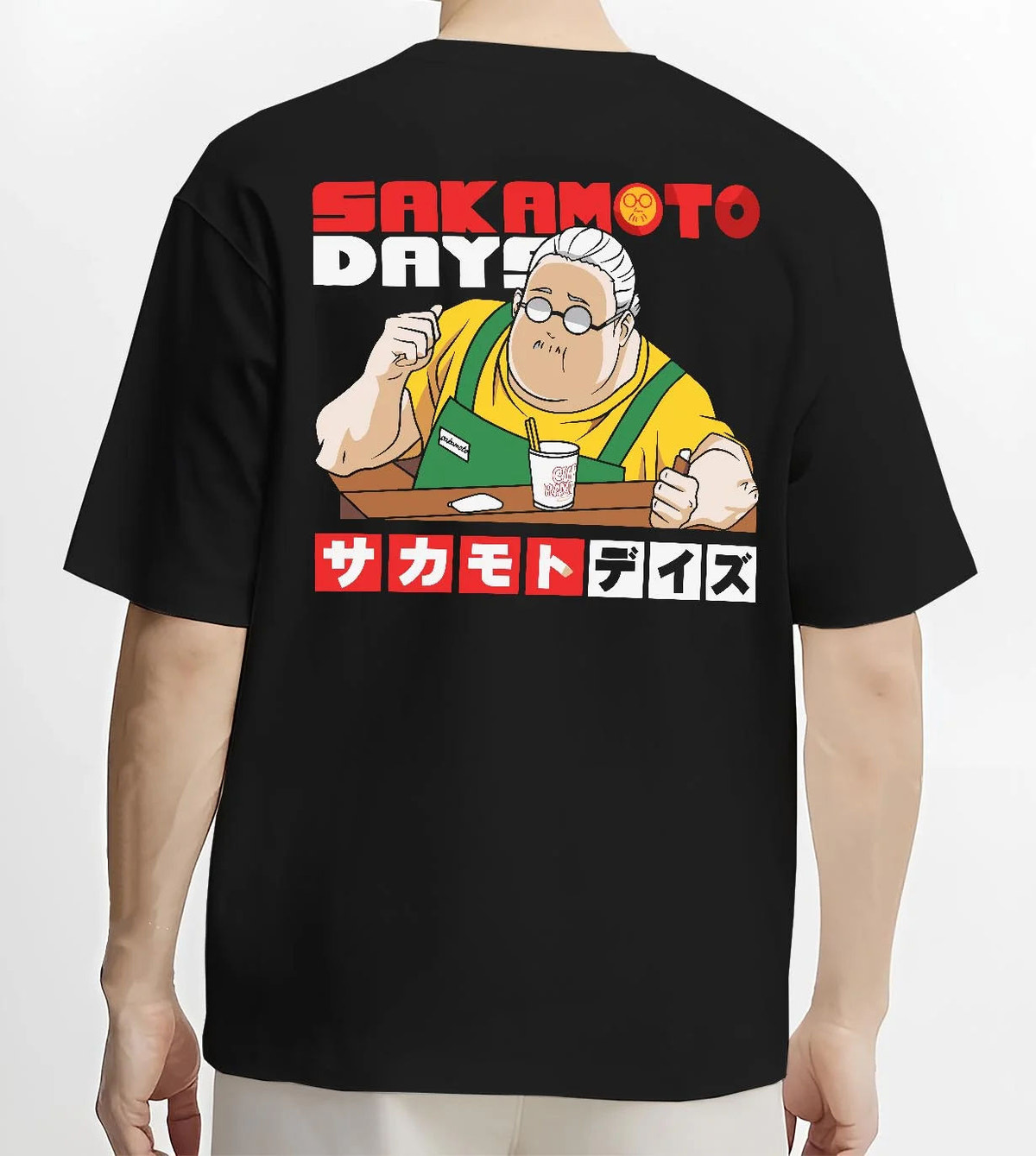 Black T-shirt worn by male model from the back featuring Taro Sakamoto golden lion graphic Sakamoto Days artwork.