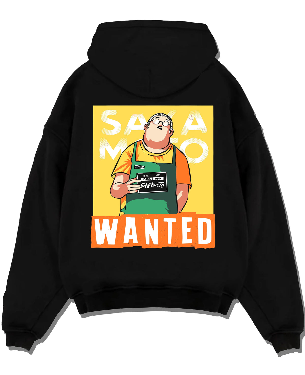 Black hoodie laid flat featuring Taro Sakamoto wanted poster Sakamoto Days artwork.