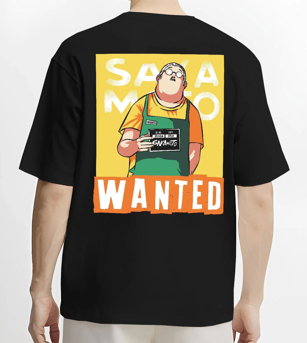 Black T-shirt worn by male model from the back featuring Taro Sakamoto wanted poster Sakamoto Days artwork.