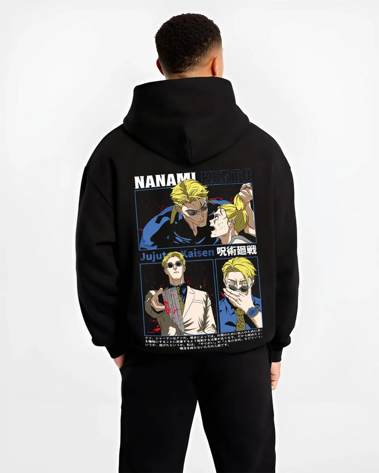 Black hoodie worn by male model, back view with Kento Nanami Hoodie Jujutsu Kaisen Dark Manga graphic premium wear.