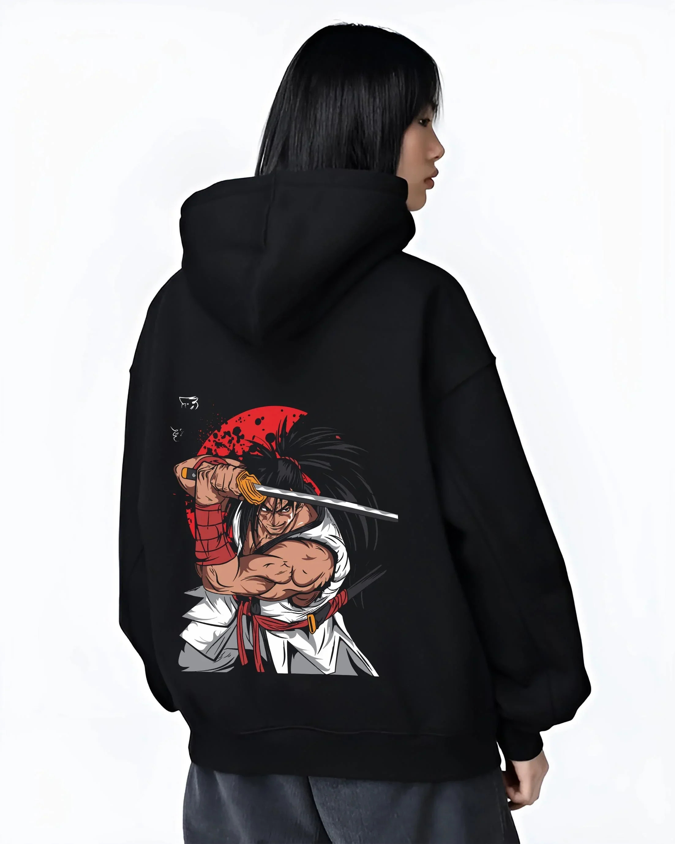 Black hoodie worn by female model, back view with Haohmaru Hoodie Samurai Shodown Sword Master graphic bold anime graphic.