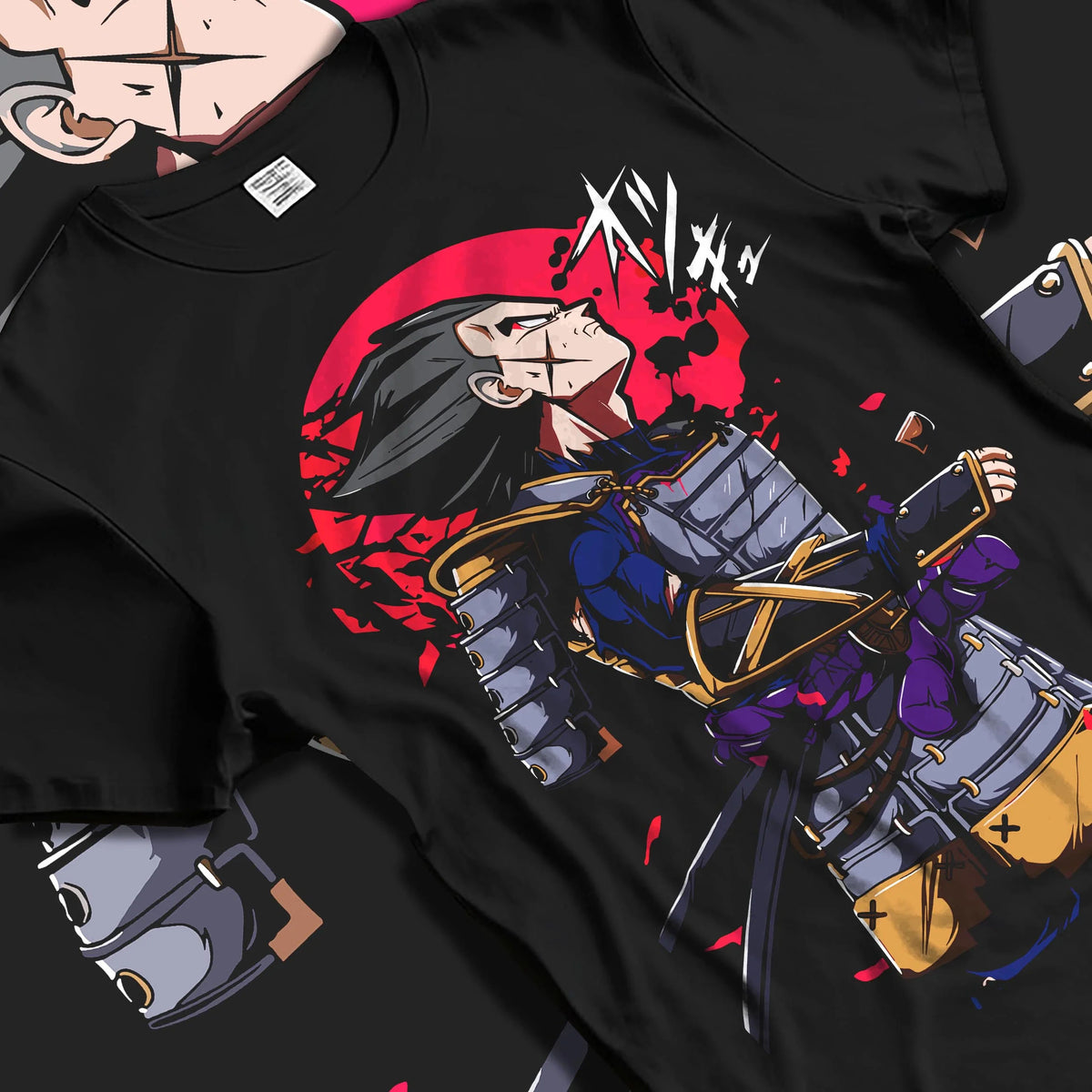 Black T-shirt laid flat with natural folds featuring Vegeta samurai armour Saiyan warrior Dragon Ball artwork.