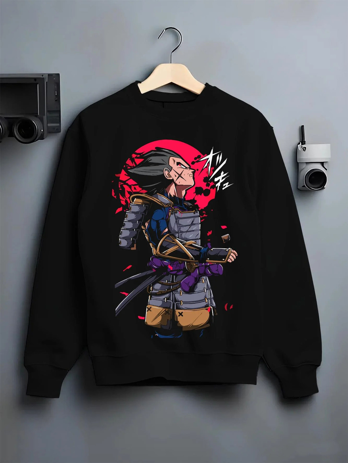 Black crewneck sweatshirt on hanger featuring Vegeta samurai armour Saiyan warrior Dragon Ball artwork.