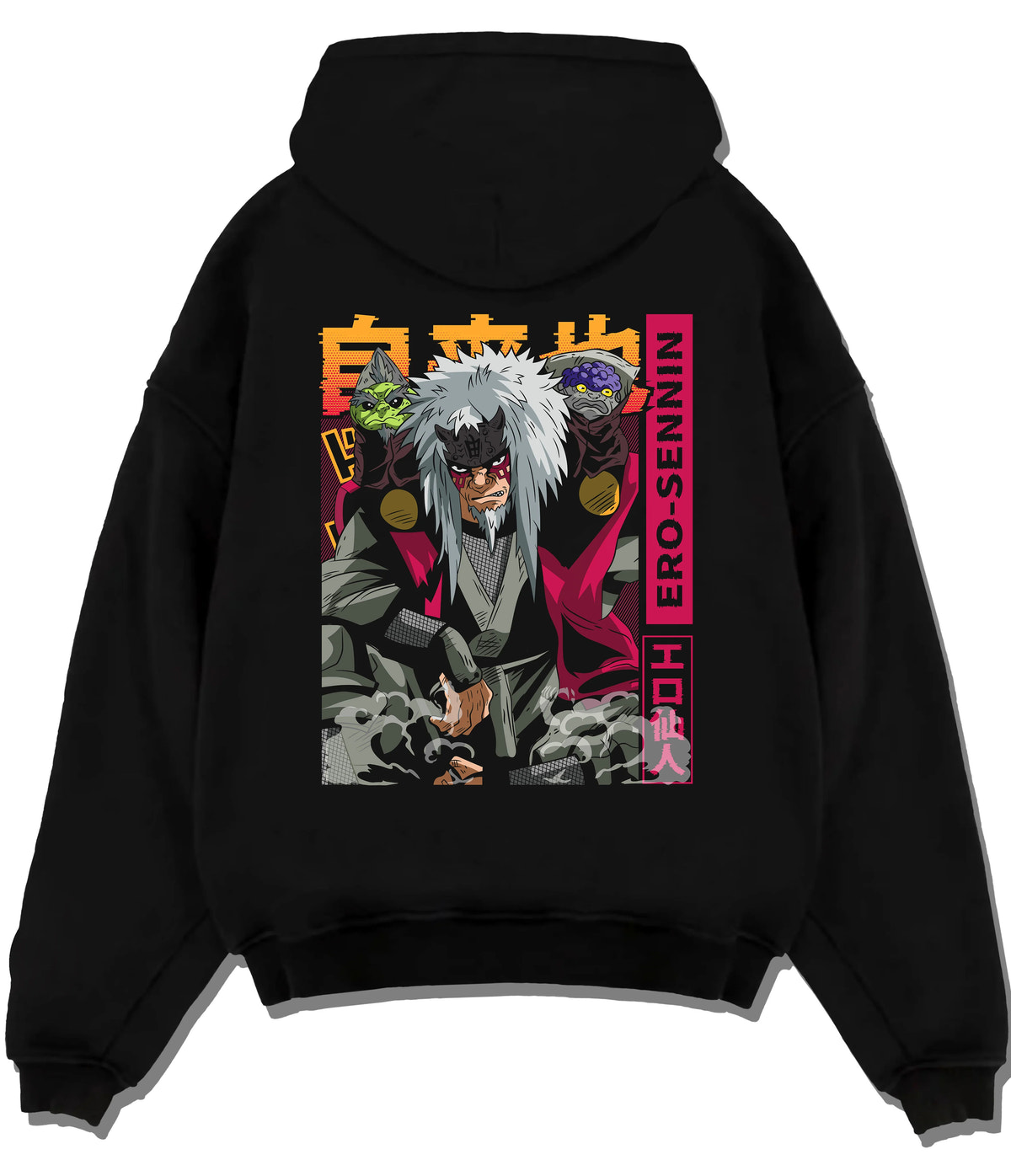 Black hoodie flat back view showing Jiraiya, the Toad Sage from Naruto: Naruto