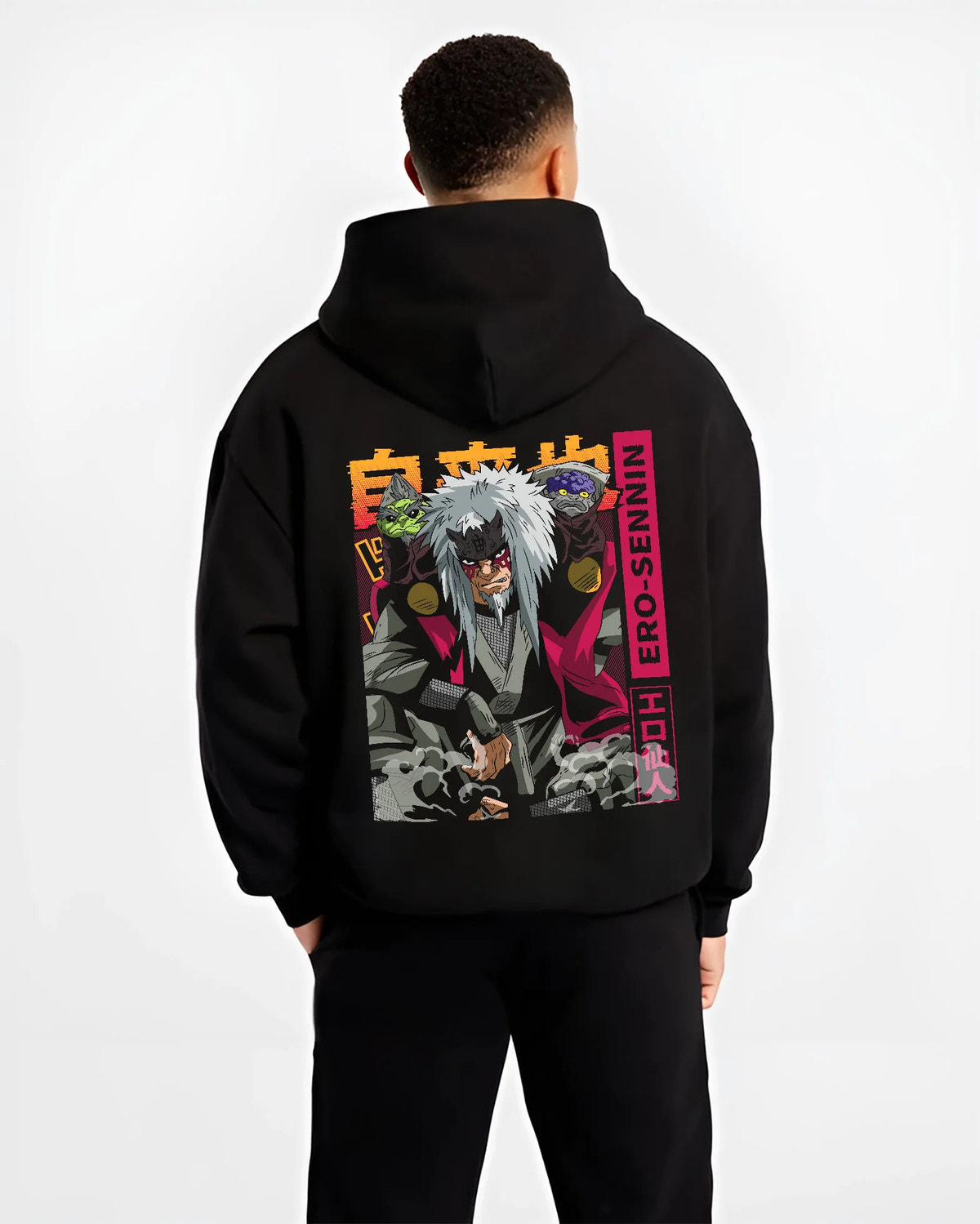 Black hoodie model back view showing Jiraiya, the Toad Sage from Naruto: Naruto